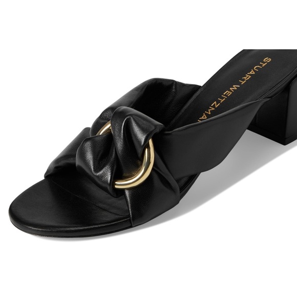 Stuart Weitzman Cece Black Block Heels with Gold Detail - Picture 1 of 14